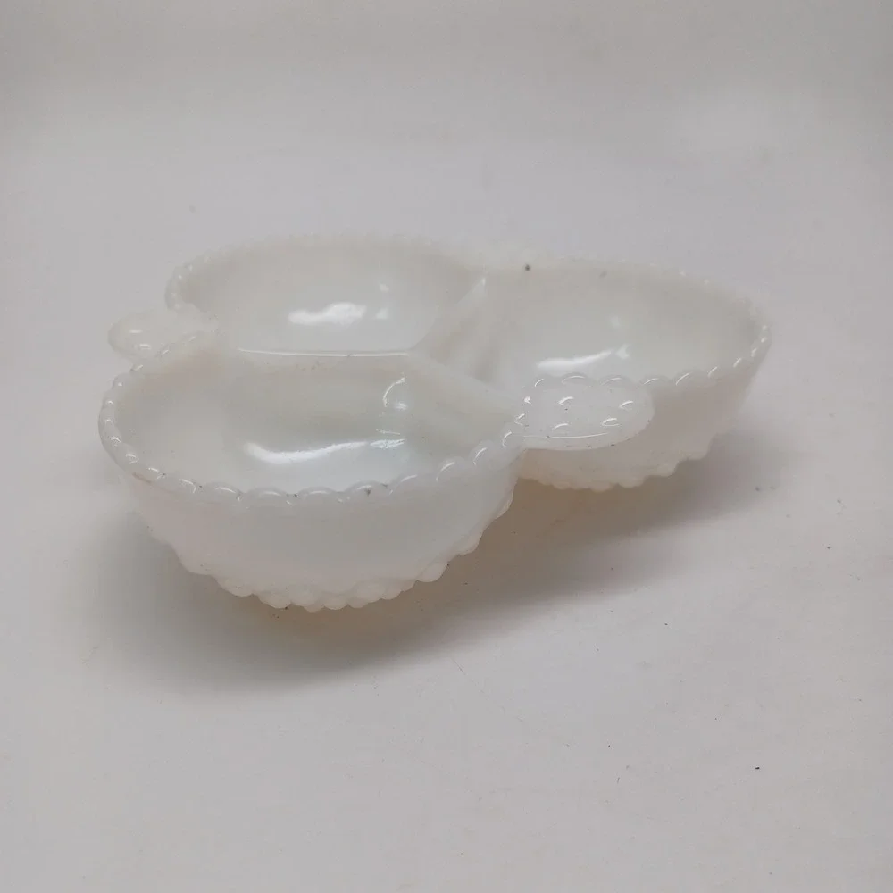 Vintage White Milk Glass Hobnail 3 Compartment Relish Dish Beaded Rim 7 inch